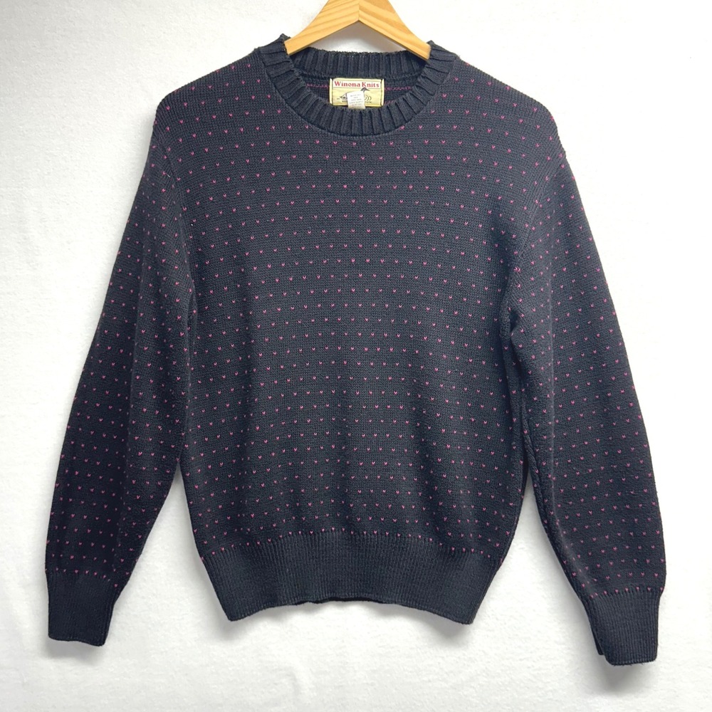 Winona Knits Sweater Women L Black Pink Birdseye Cotton Crewneck Vintage USA